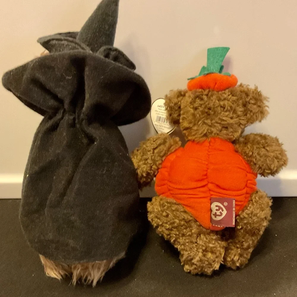 Cute Esmeralda teddy bear witch 🧙 & Peter pumpkin 🎃 Halloween TY Attic Treasures